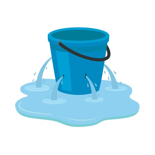Leaking bucket. A leaky blue bucket in a puddle of water. Vector illustration isolated on white background.
